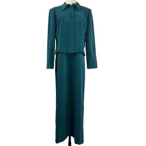 Vintage 90s Karin Stevens Teal Faux Suede Dress Jacket Set Size 14 Women's Large